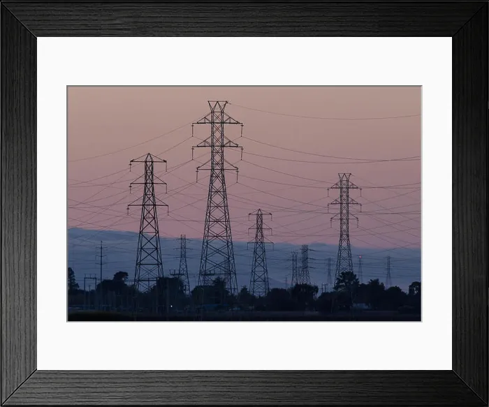 Framed Print : High voltage power lines span across Palo Alto Baylands, Palo Alto, California, United States of America