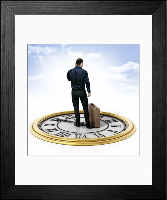 Framed Print : Businessman with a briefcase standing on the clock. 3D illustration Framed Print : Businessman with a briefcase standing on the clock. 3D illustration