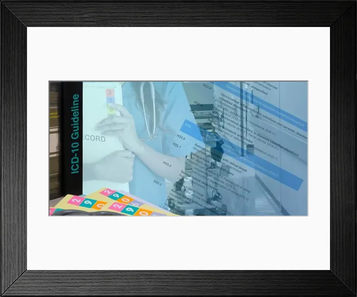 Framed Print : Background photo for medical record work inculde ICD-10 codebook with text of code diseases Framed Print : Background photo for medical record work inculde ICD-10 codebook with text of code diseases