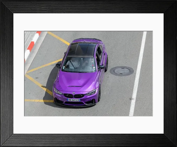 Framed Print : Monte Carlo, Monaco - View on a purple BMW M3 F80 driving on the road in the Fairmont Hairpin Framed Print : Monte Carlo, Monaco - View on a purple BMW M3 F80 driving on the road in the Fairmont Hairpin