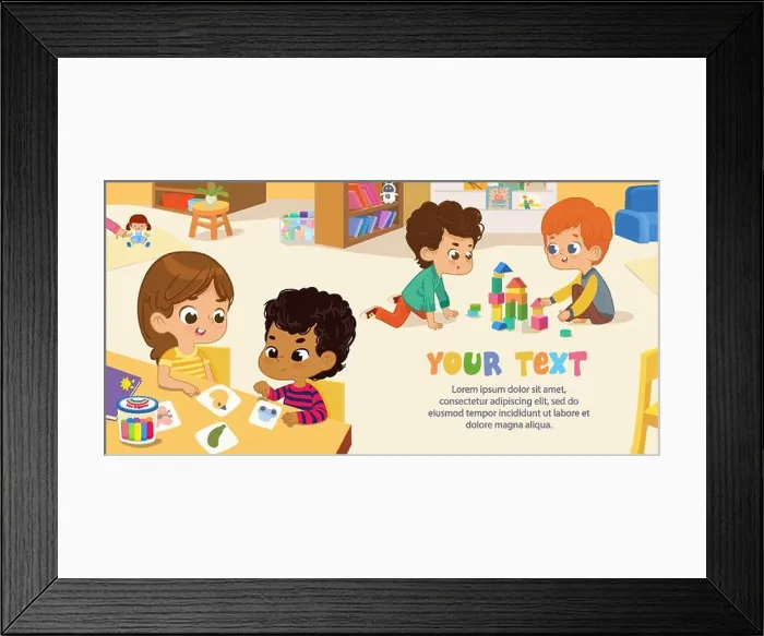 Framed Print : Preschool Class. Multicultural Kids play with bricks and educational games in kindergarten room Framed Print : Preschool Class. Multicultural Kids play with bricks and educational games in kindergarten room