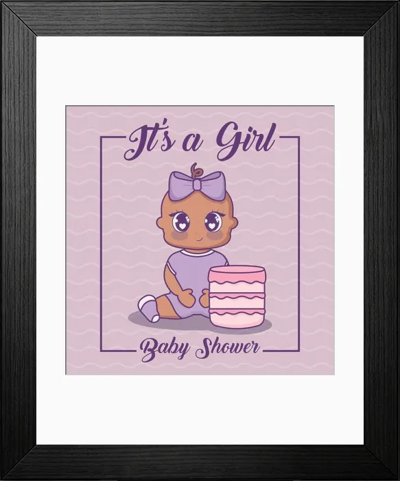 Framed Print : its a girl baby shower concept with cute baby girl and cake icon over purple background, vector illustration Framed Print : its a girl baby shower concept with cute baby girl and cake icon over purple background, vector illustration