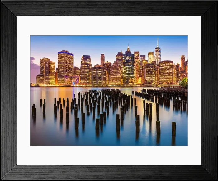 Framed Print : manhattan skyline New York skyline clear sunset sky above the skyscrapers with Old Pier 1 in Brooklyn Bridge Park New Framed Print : manhattan skyline New York skyline clear sunset sky above the skyscrapers with Old Pier 1 in Brooklyn Bridge Park New