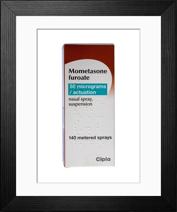 Framed Print : Box of Mometasone furoate nasal spray suspension used to treat cold-like symptoms caused by allergic rhinitis isolated Framed Print : Box of Mometasone furoate nasal spray suspension used to treat cold-like symptoms caused by allergic rhinitis isolated