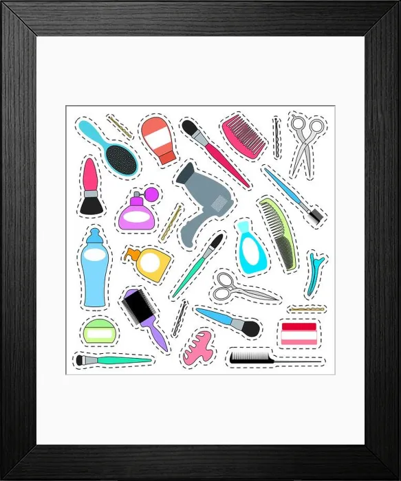 Framed Print : Set of stickers for the beauty salon. Icons for haircuts and styling. Vector illustration Framed Print : Set of stickers for the beauty salon. Icons for haircuts and styling. Vector illustration