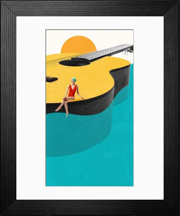 Framed Print : Woman in swimsuit and cap sitting on edge of giant acoustic guitar floating on water. Festival Framed Print : Woman in swimsuit and cap sitting on edge of giant acoustic guitar floating on water. Festival
