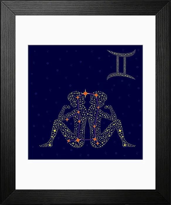 Framed Print : Zodiac sign Gemini on a background of the starry sky with the scheme of stars in the constellation, vector illustration Framed Print : Zodiac sign Gemini on a background of the starry sky with the scheme of stars in the constellation, vector illustration