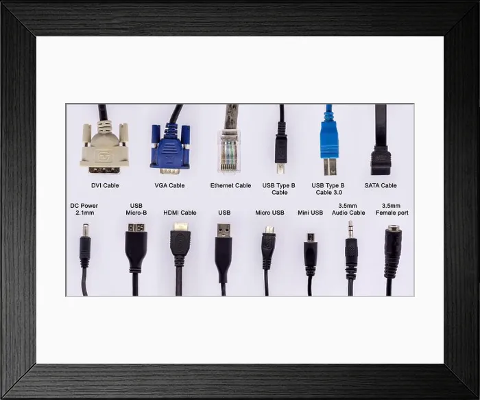 Framed Print : computer cables with different connectors for network and data connection isolated on white background Framed Print : computer cables with different connectors for network and data connection isolated on white background