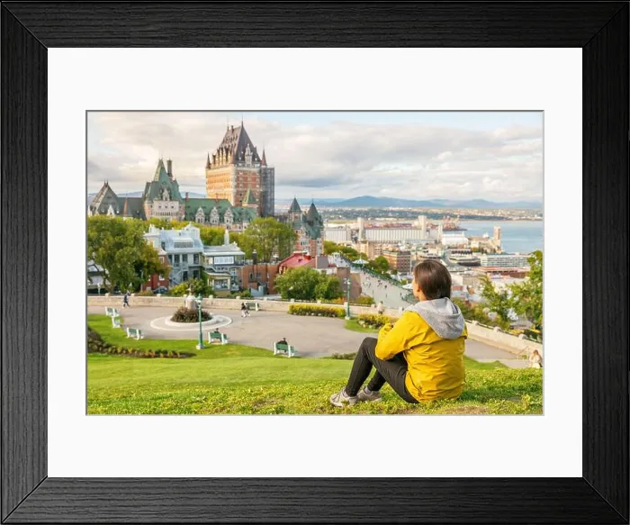 Framed Print : Canada travel Quebec city tourist enjoying view of Chateau Frontenac castle and St Framed Print : Canada travel Quebec city tourist enjoying view of Chateau Frontenac castle and St