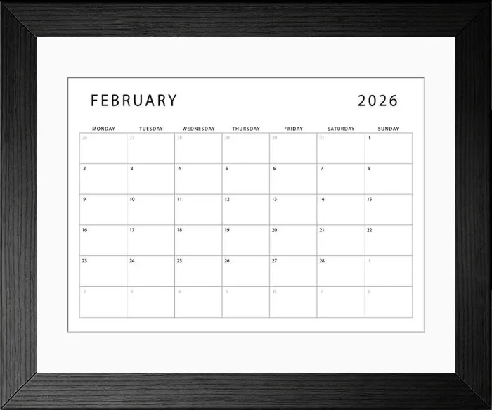 Framed Print : February 2026 calendar. Monthly planner template. Monday start. Vector design Framed Print : February 2026 calendar. Monthly planner template. Monday start. Vector design