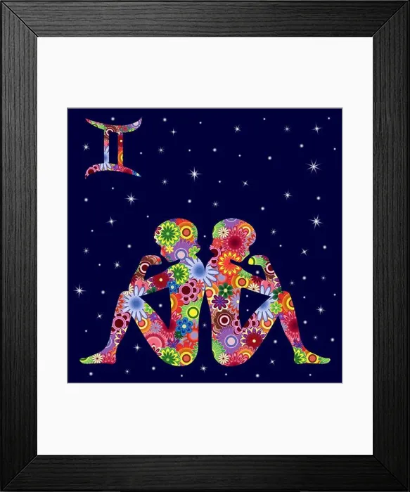 Framed Print : Zodiac sign Gemini with colorful flowers fill on a background of the dark blue starry sky, vector illustration Framed Print : Zodiac sign Gemini with colorful flowers fill on a background of the dark blue starry sky, vector illustration