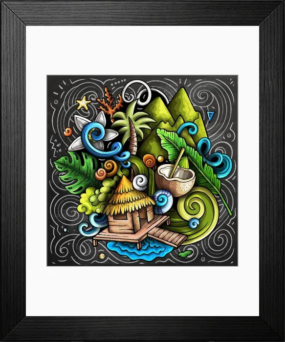 Framed Print : Bora-Bora chalkboard cartoon doodle illustration Framed Print : Bora-Bora chalkboard cartoon doodle illustration