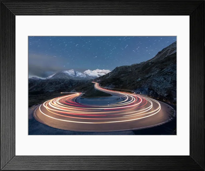 Framed Print : Star trail and lights of car traces, Bernina Pass, Poschiavo Valley, Engadine, Canton of Graubunden, Switzerland, Europe Framed Print : Star trail and lights of car traces, Bernina Pass, Poschiavo Valley, Engadine, Canton of Graubunden, Switzerland, Europe