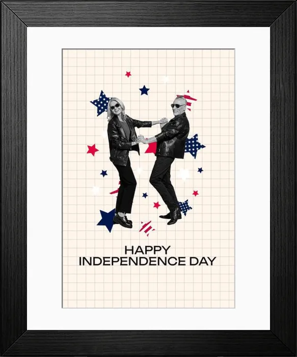 Framed Print : Creative collage poster of people dancing have fun on happy independence day on pastel color background Framed Print : Creative collage poster of people dancing have fun on happy independence day on pastel color background