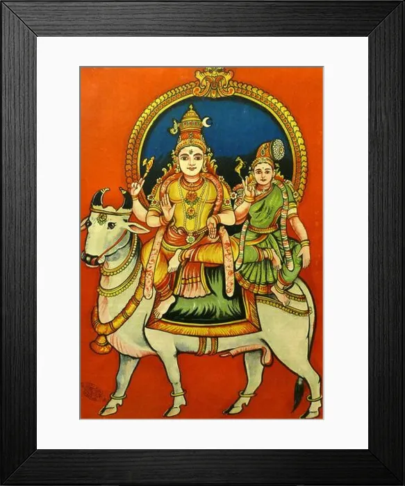 Framed Print : Chromolithographic print depicting Shiva and Parvati riding on the bull Nandi Framed Print : Chromolithographic print depicting Shiva and Parvati riding on the bull Nandi