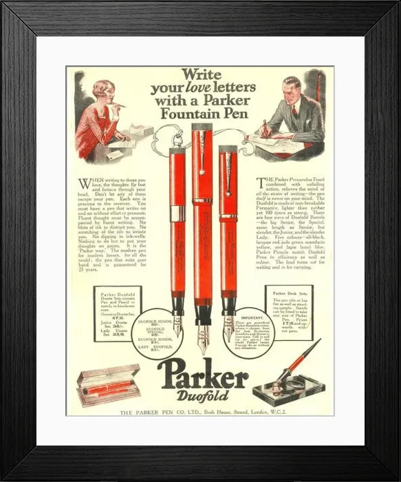 Framed Print : Advertisement for Parker Fountain Pens