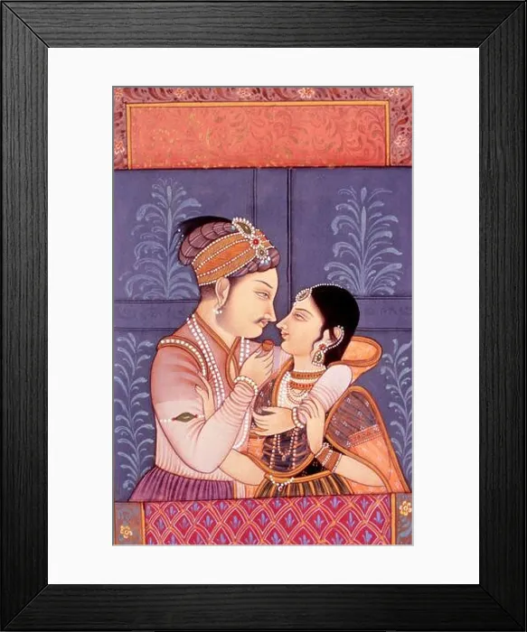 Framed Print : Mughal Emperor with Empress, king and queen, raja and rani, loving embracing miniature painting India Framed Print : Mughal Emperor with Empress, king and queen, raja and rani, loving embracing miniature painting India
