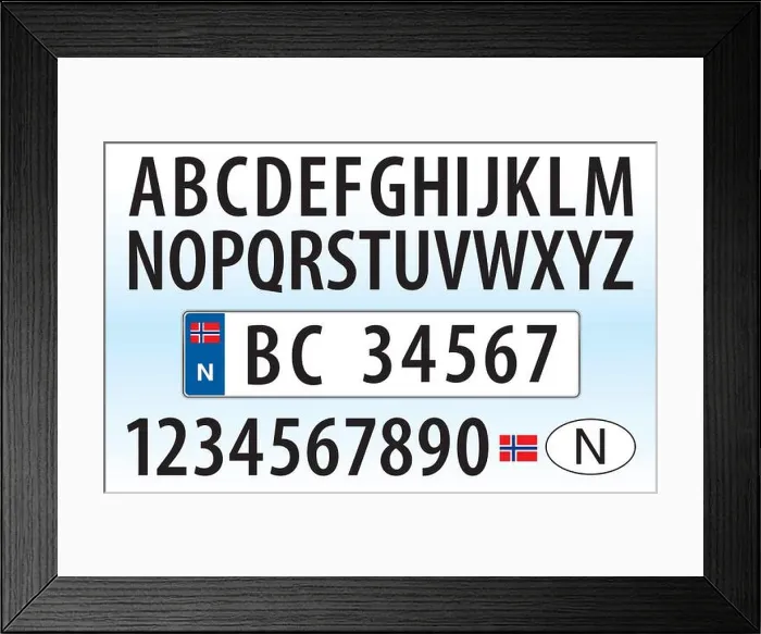 Framed Print : Norway car plate, letters, numbers and symbols