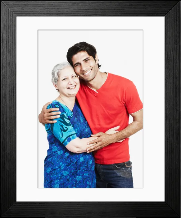 Framed Print : Portrait of a young man hugging his grandmother Framed Print : Portrait of a young man hugging his grandmother