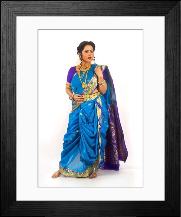 Framed Print : Indian Model wearing traditional Maharashtrian Nauvari Saree draped in dhoti style Framed Print : Indian Model wearing traditional Maharashtrian Nauvari Saree draped in dhoti style