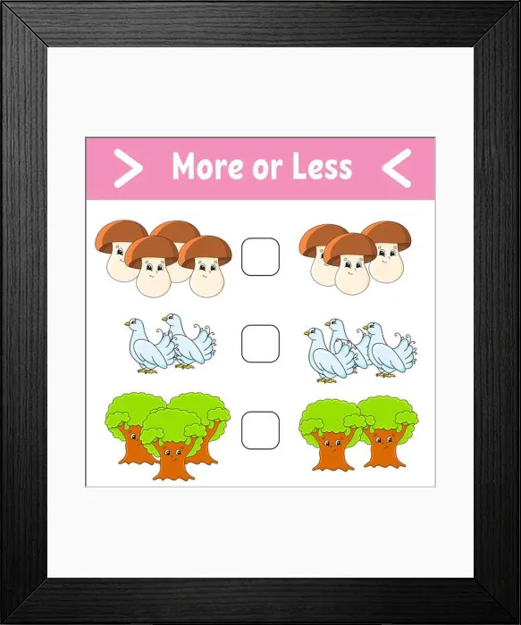 Framed Print : More or less. Educational activity worksheet for kids and toddlers Framed Print : More or less. Educational activity worksheet for kids and toddlers