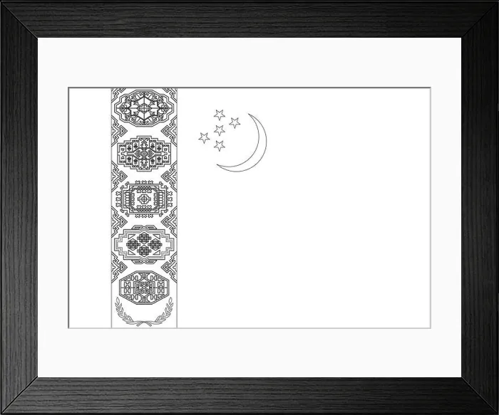 Framed Print : Turkmenistan flag - thin black vector outline wireframe isolated on white background. Ready for colouring Framed Print : Turkmenistan flag - thin black vector outline wireframe isolated on white background. Ready for colouring