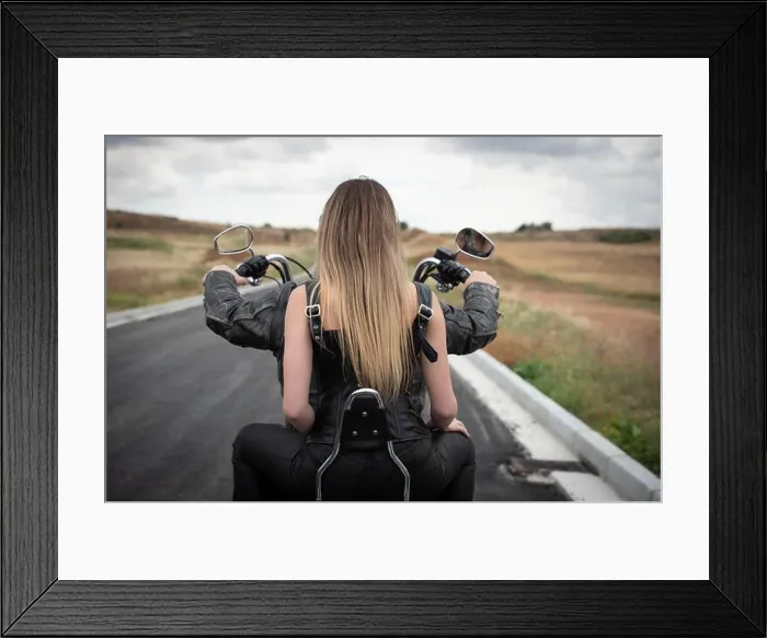 Framed Print : Sexy woman wearing with blonde long hair riding a street motorbike outdoors. Exploration journey adventure, street bike Framed Print : Sexy woman wearing with blonde long hair riding a street motorbike outdoors. Exploration journey adventure, street bike