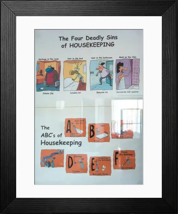 Framed Print : Four deadly sins of housekeeping poster on the wall in a Turkish hotel with housekeeping rules and reminders Framed Print : Four deadly sins of housekeeping poster on the wall in a Turkish hotel with housekeeping rules and reminders