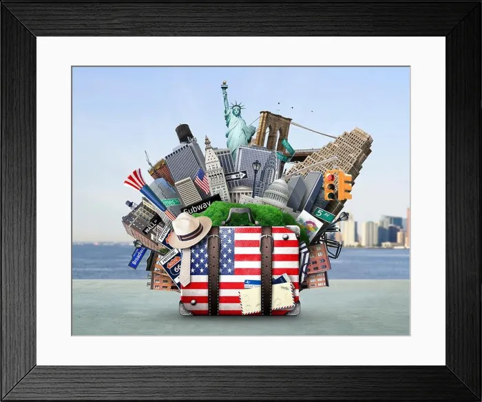 Framed Print : Suitcase with American flag on the background of USA landmarks Framed Print : Suitcase with American flag on the background of USA landmarks