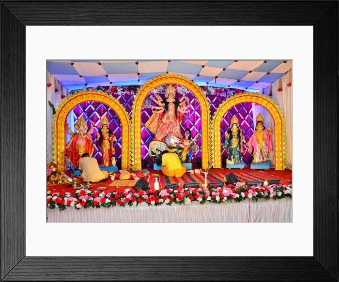 Framed Print : Interior of decorated Durga Puja pandal by Bengali Cultural Association at Ponda, Goa, India Framed Print : Interior of decorated Durga Puja pandal by Bengali Cultural Association at Ponda, Goa, India