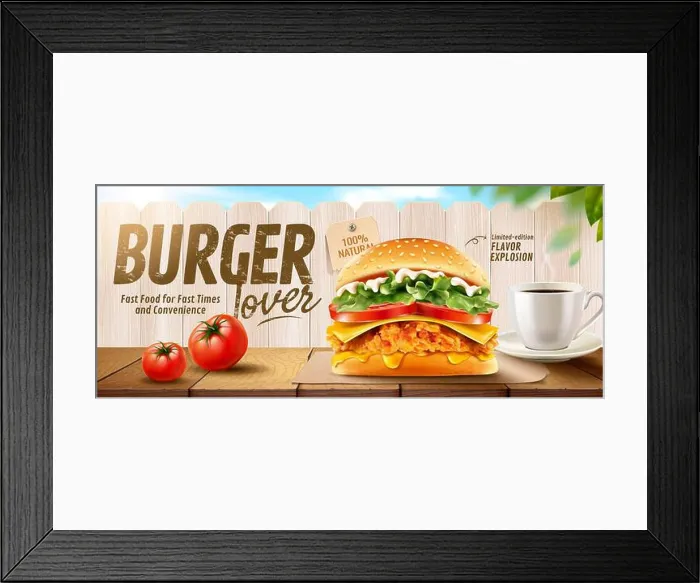 Framed Print : Fried chicken burger banner ads on wooden table and white fence in 3d illustration. Fried chicken burger banner ads Framed Print : Fried chicken burger banner ads on wooden table and white fence in 3d illustration. Fried chicken burger banner ads