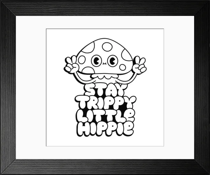 Framed Print : Funny psychedelic amanita mushroom show peace gesture sign