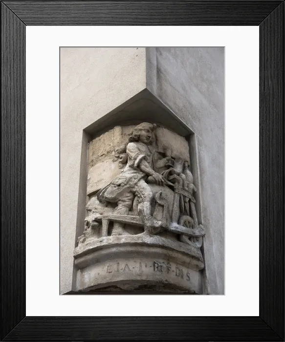 Framed Print : Sculpture at corner of Rue de Fourcy and Rue de Jouy Paris France Framed Print : Sculpture at corner of Rue de Fourcy and Rue de Jouy Paris France
