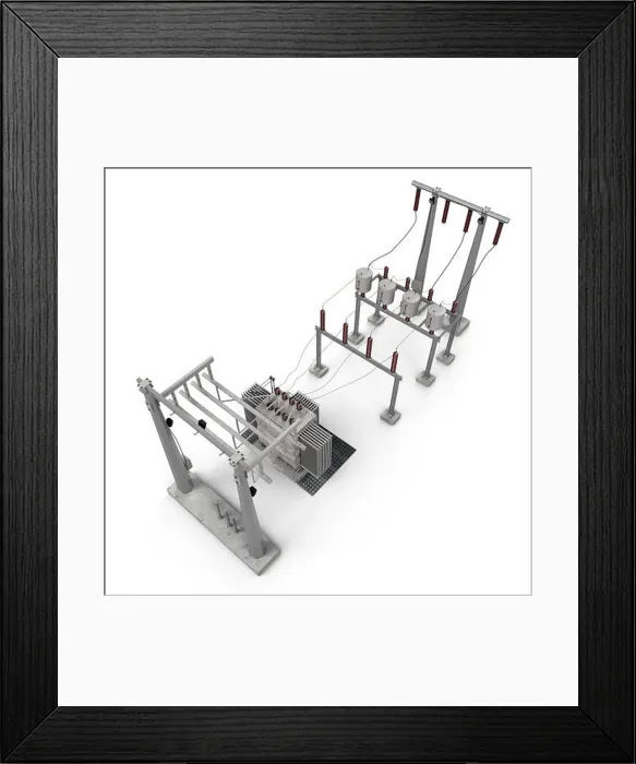 Framed Print : Electric power equipment in a substation on white background. 3D illustration Framed Print : Electric power equipment in a substation on white background. 3D illustration