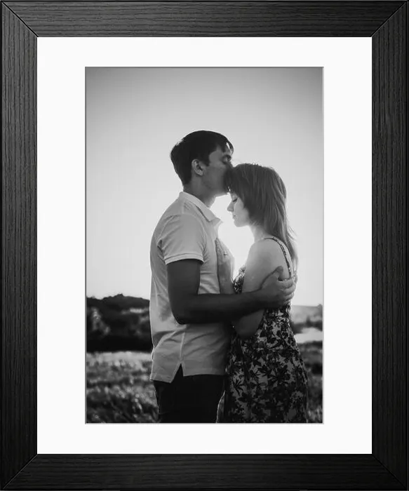 Framed Print : Black white photography romantic couple standing and kissing on background summer meadow sunset Framed Print : Black white photography romantic couple standing and kissing on background summer meadow sunset
