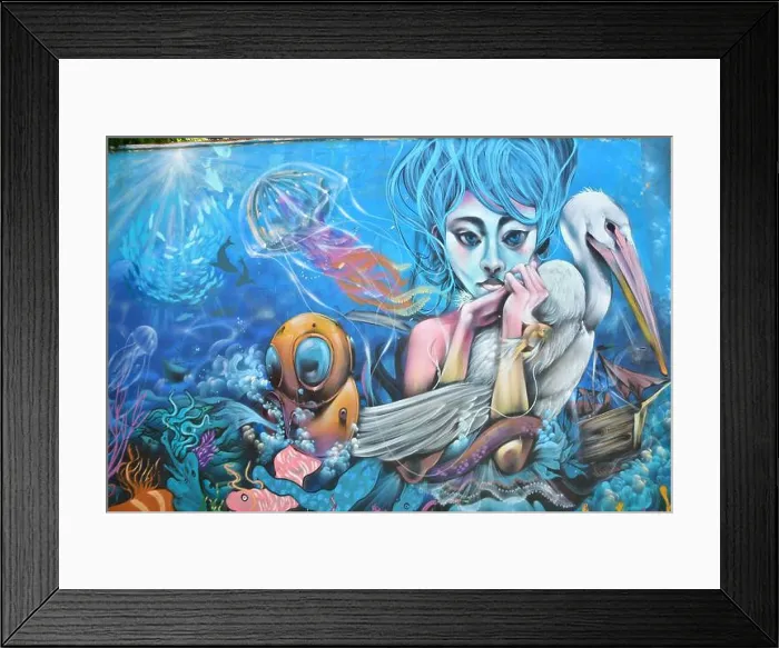 Framed Print : Under Water Woman Street art graffiti in Valparaiso Chile colorfull Framed Print : Under Water Woman Street art graffiti in Valparaiso Chile colorfull