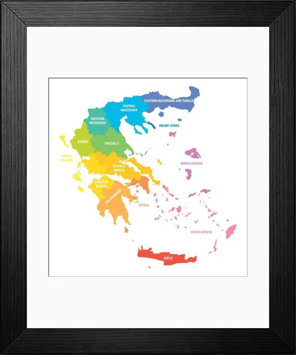 Framed Print : Colorful political map of Greece Framed Print : Colorful political map of Greece