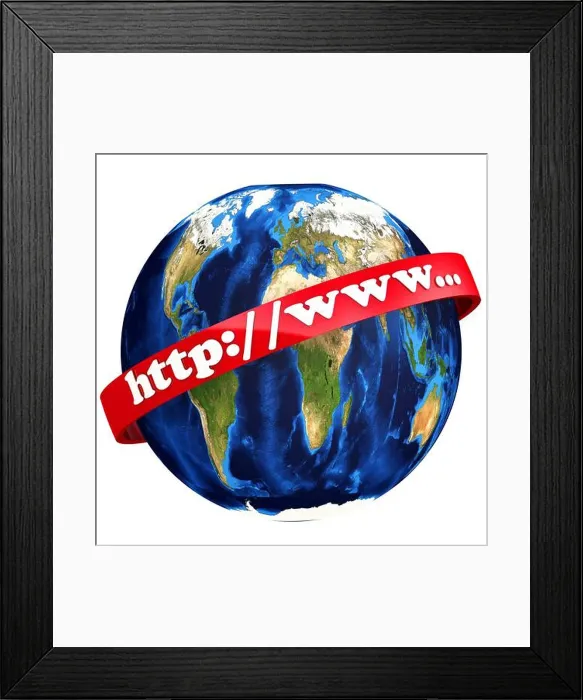 Framed Print : World Wide Web icon. Red ribbon with white text http: / / www... on the background of the Globe. Isolated. 3D illustration Framed Print : World Wide Web icon. Red ribbon with white text http: / / www... on the background of the Globe. Isolated. 3D illustration