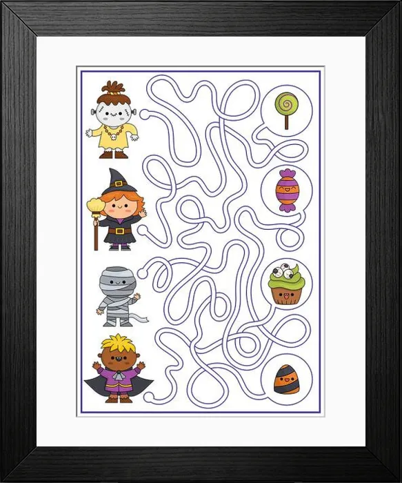 Framed Print : Halloween maze for kids. Autumn holiday preschool printable activity with cute kawaii children and sweets Framed Print : Halloween maze for kids. Autumn holiday preschool printable activity with cute kawaii children and sweets
