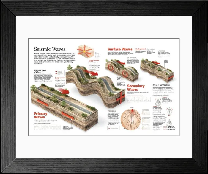 Framed Print : Infographic about different seismic wave types produced from the hypocenter of an earthquake Framed Print : Infographic about different seismic wave types produced from the hypocenter of an earthquake