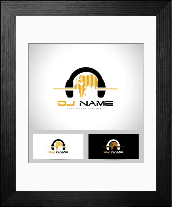 Framed Print : Dj Logo Design. Creative vector logo design with headphones and world map Framed Print : Dj Logo Design. Creative vector logo design with headphones and world map