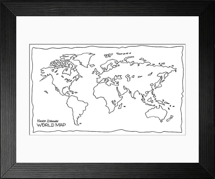 Framed Print : Hand drawn map of the world. Not exactly precision outline drawing of global map in black and white colors Framed Print : Hand drawn map of the world. Not exactly precision outline drawing of global map in black and white colors