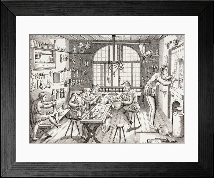 Framed Print : Étienne Delaune, French goldsmith, c. 1519-1583. Interior of his workshop