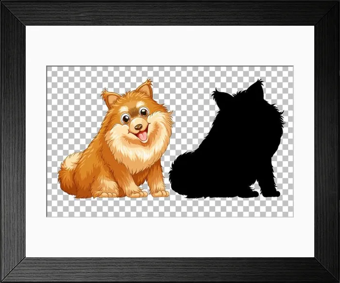 Framed Print : Cute pomeranian dog and its silhouette on transparent background illustration