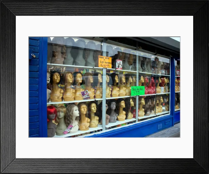 Framed Print : Wig shop window, Ball Hill, Stoke, Coventry, West Midlands, England, UK