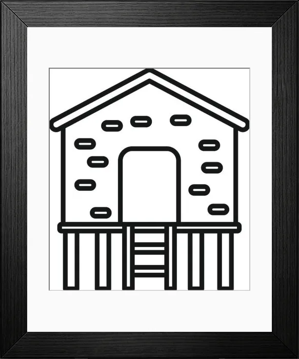 Framed Print : Line drawing of a stilt house with a ladder on wooden pillars Framed Print : Line drawing of a stilt house with a ladder on wooden pillars