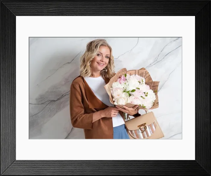 Framed Print : Stylish young blonde woman with a bouquet of peonies Framed Print : Stylish young blonde woman with a bouquet of peonies