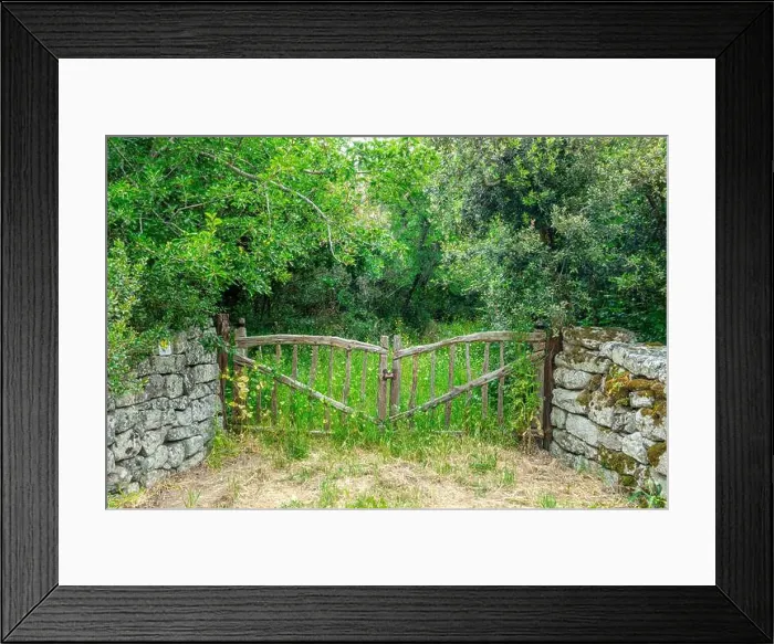 Framed Print : Old wooden rustic gate and stone wall in a green grassy field with trees in the mountains of Sardinia, Italy Framed Print : Old wooden rustic gate and stone wall in a green grassy field with trees in the mountains of Sardinia, Italy