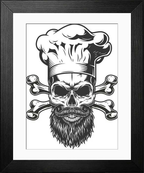 Framed Print : Bearded and mustached chef skull with crossbones in vintage monochrome style isolated vector illustration
