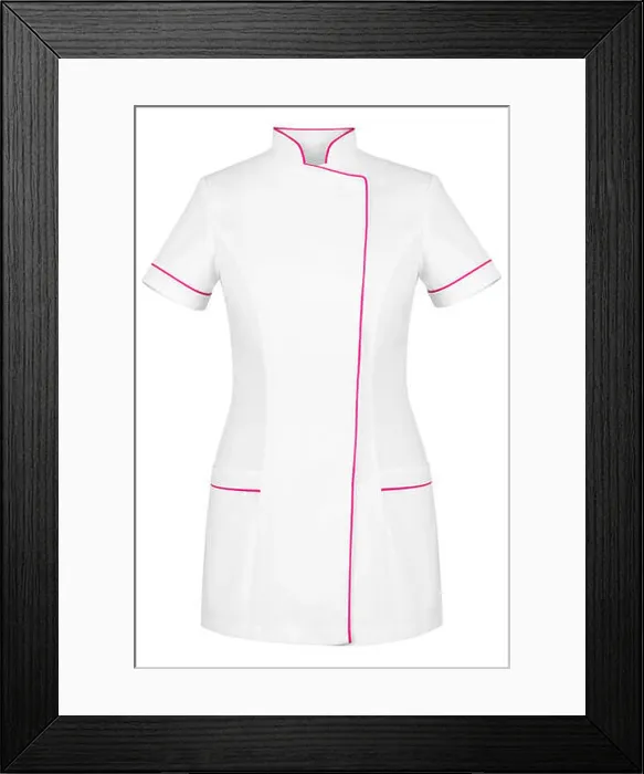 Framed Print : Front of white lady medical uniform isolated on white background